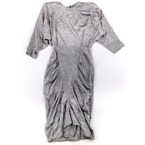 Vintage Silver Gray Ruched Long Sleeve Midi Dress